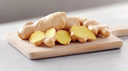 Fresh ginger root on a wooden cutting board.  Sliced ginger pieces