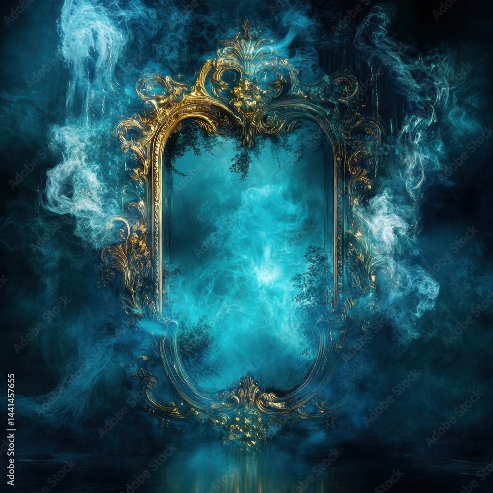 Poster enchanted mirror reflecting ethereal smoke and mystical trees in a dark fantasy setting with golden 