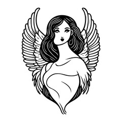 Elegant angel illustration with flowing wings and intricate linework design