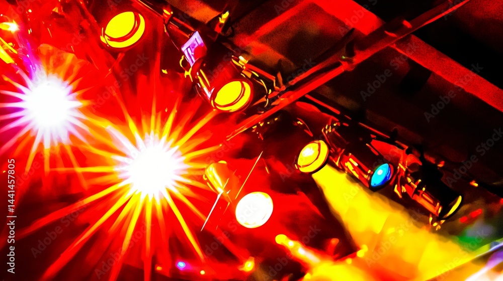 Poster eye-catching red and yellow light flares creating an exciting and dynamic atmosphere with vibrant en