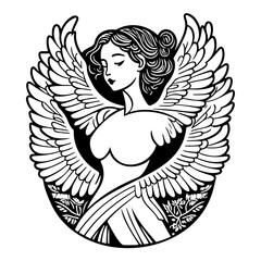 Elegant depiction of winged female figure embodying grace and serenity