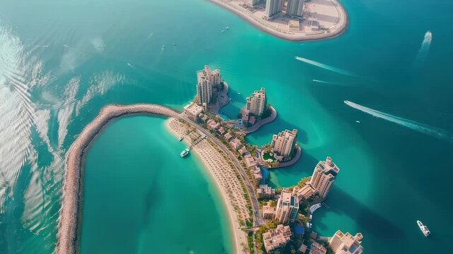 Luxury artificial island resort buildings aerial view