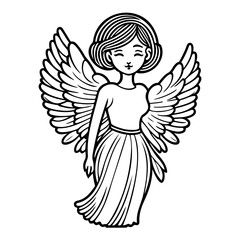 Charming black and white illustration of a serene angel with delicate wings