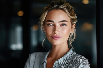 A confident woman with a stylish updo and a pleasant expression.