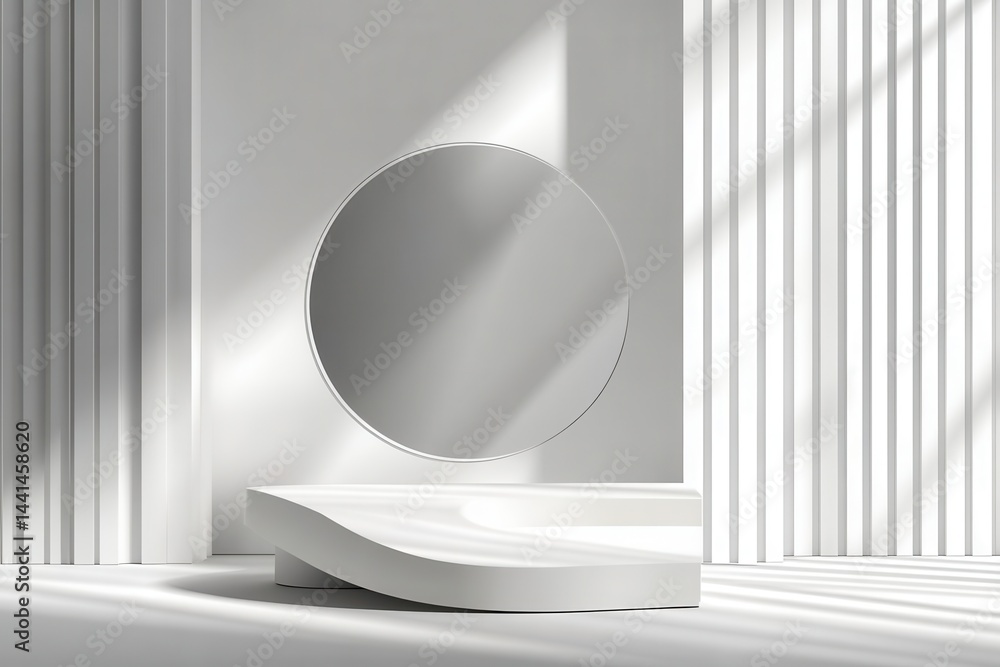 Poster minimalist white product display stage with circular backdrop and light play for cosmetic presentati