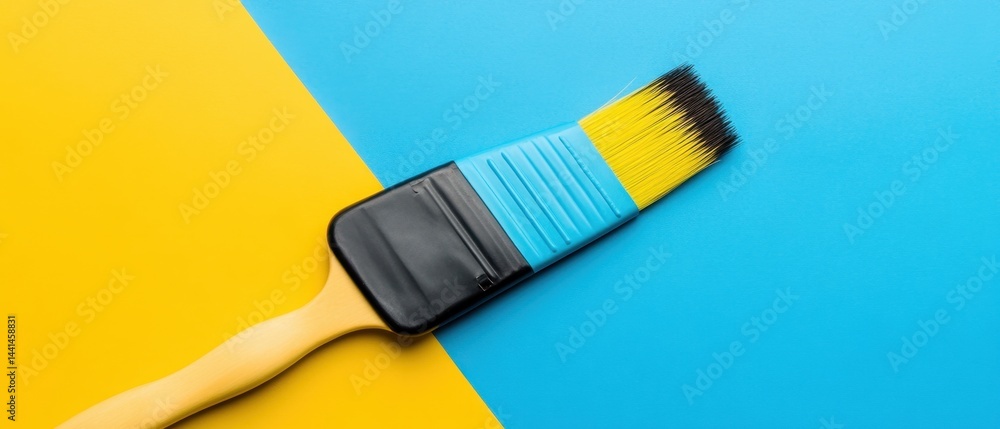 Poster artistic paintbrush on vivid blue and yellow background creating a dynamic contrast and visual appea