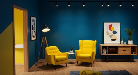 Modern Living Room Interior Design Teal Walls, Mustard Yellow Armchairs, Mid-Century Modern Style