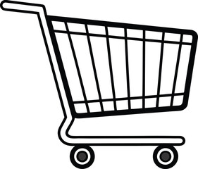 Wireframe shopping cart line drawing. Black and white minimalist cart illustration. Simple grocery cart vector sketch.
