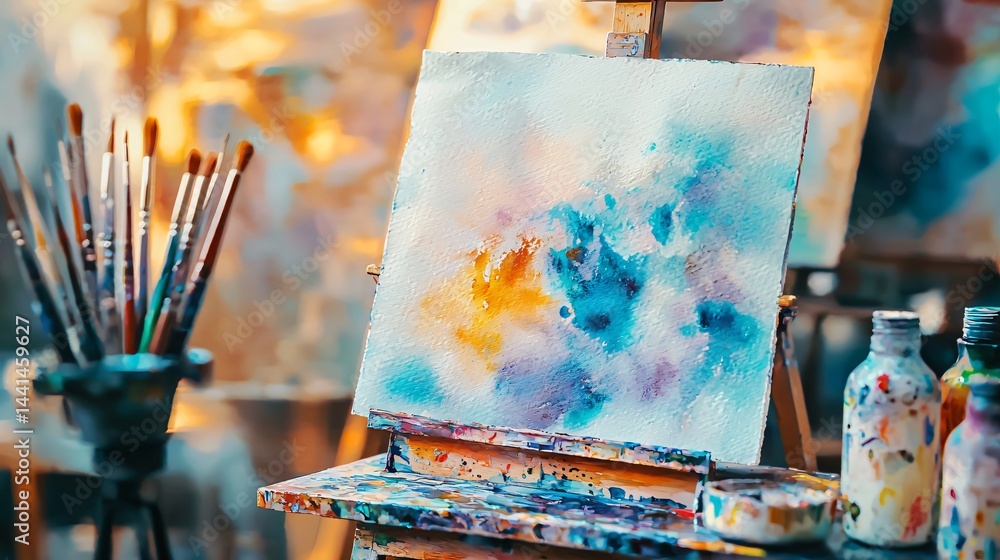 Poster charming painting on a table featuring vibrant abstract patterns with soft pastels creating an artis