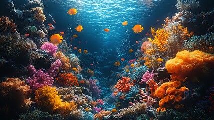 Naklejka premium Swimming Fish Among Colorful Coral Reef Underwater