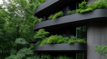 Modern, sustainable apartment building with green balconies. Lush landscaping surrounding the curved structure