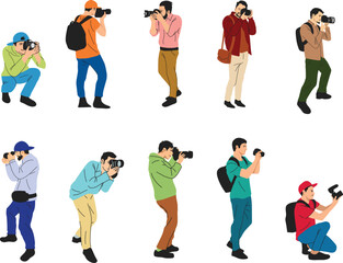 A dynamic set of illustrations featuring cameramen in various poses while taking photos for photography themes, media projects, creative content, and event designs.