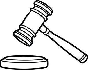 Judge gavel and sound block line drawing. Legal court gavel minimalist art. Black and white judicial symbol illustration.