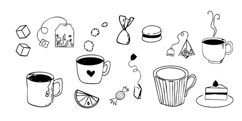 Tea or coffee beakfast, brunch lunch menu, dessert, cupcake, sweets line hand drawn textured elements, retro vintage sketch. Dolce vita breakfast doodle