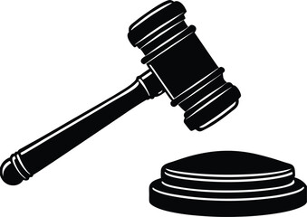 Legal gavel and sound block vector illustration. Judicial court symbol minimalist design. Black and white law icon art.
