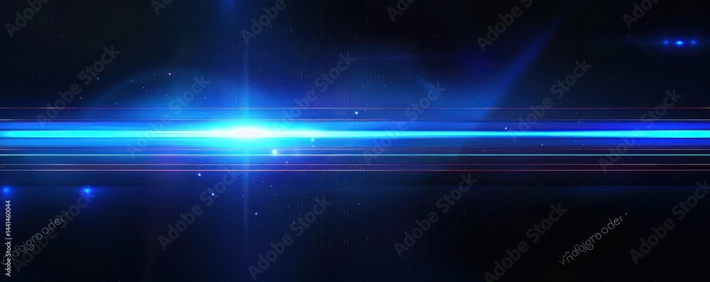 Poster bright horizontal blue light beam glowing intensely in a dark space background with subtle star-like