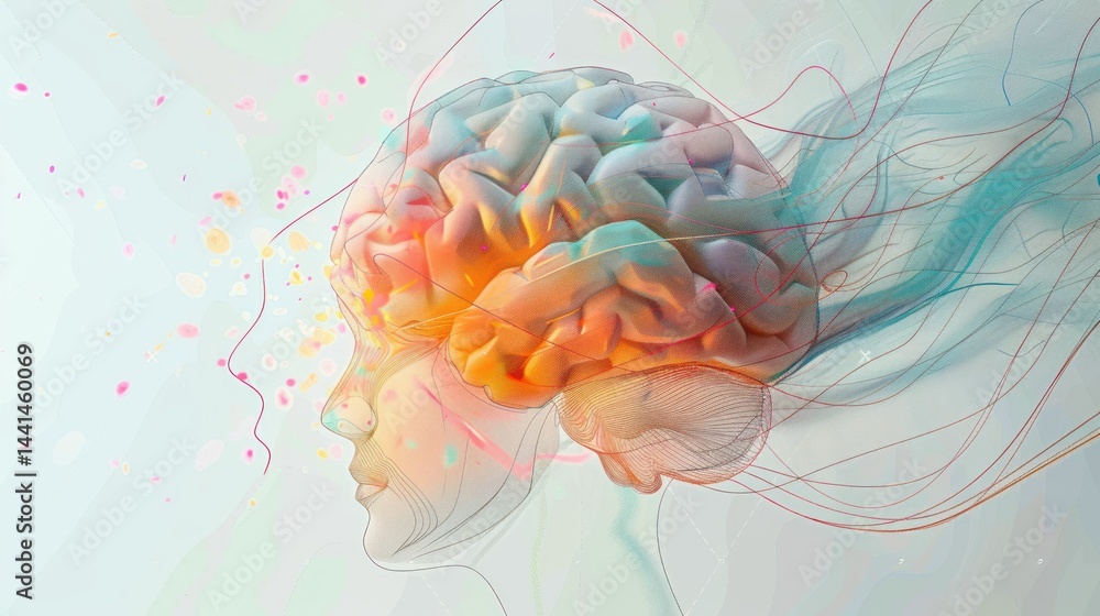 Poster abstract digital illustration of a human brain with colorful neural connections against a light back