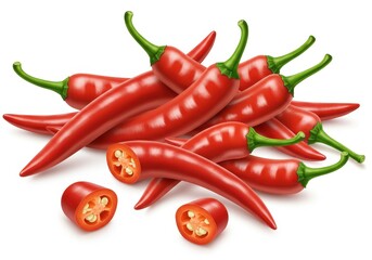 Pile of red chili peppers with cut pieces on white background