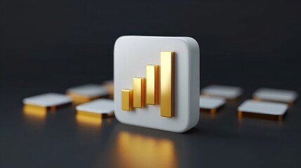 three-dimensional signal strength bars with golden gradient on a white square tile against a dark blurred background representing connectivity and technology