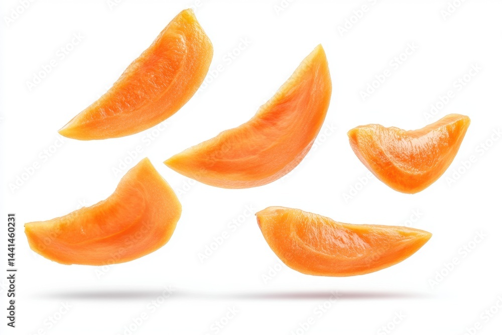 Poster vibrant orange carrot slices floating in a pristine white space creating a fresh and healthy food co