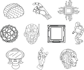 A modern collection of line style illustrations featuring artificial intelligence elements for tech designs, innovation projects, educational content, and futuristic themes