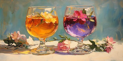 Fototapeta premium Two glasses of floral infused drinks