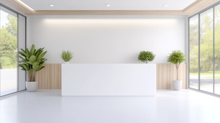 Modern minimalist reception area with large windows and plants.  Clean lines, bright white walls and light wood accents