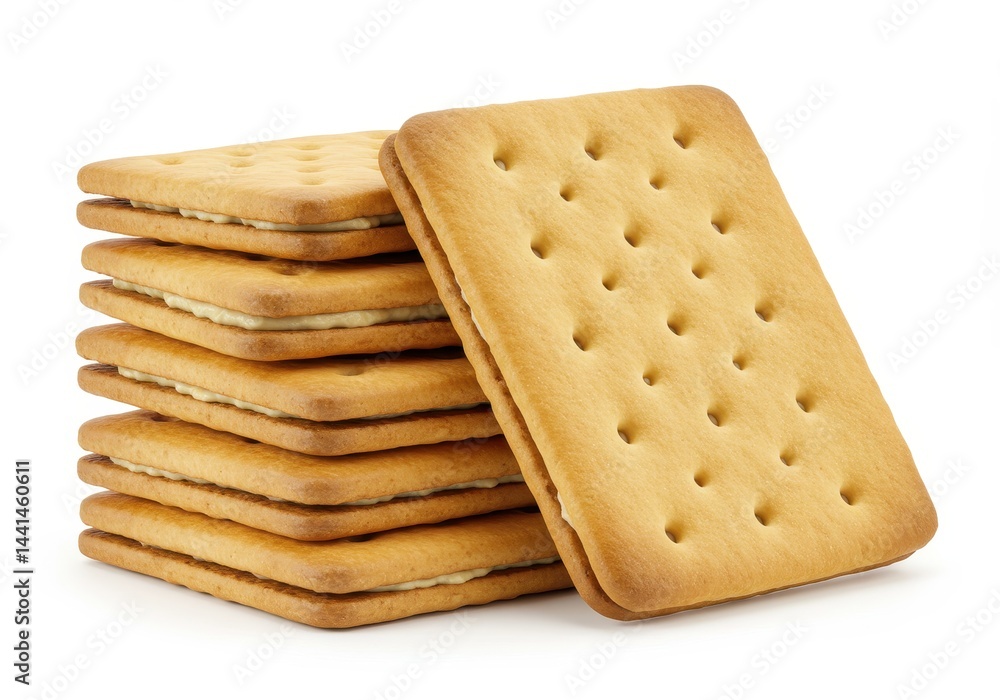 Poster stack of cream filled crackers with one leaning against the stack on white