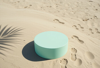 Minimalist tropical beach podium with turquoise round platform, smooth sandy surface with footprints and palm leaf shadow under bright natural sunlight, summer coastal background for creative product 