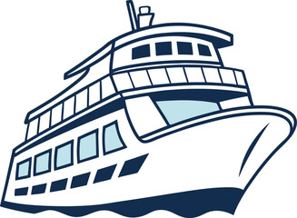 Naklejka premium Minimalist cruise ship vector art. Modern navy blue and white ship illustration. Streamlined luxury cruise liner design.