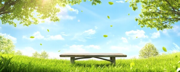 Obraz premium Wooden park bench in a vibrant spring meadow.