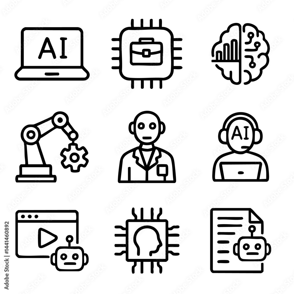 Poster a cute doodle icon set featuring artificial intelligence jobs, machine learning, robotics, automatio