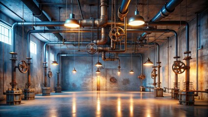 Industrial Loft Interior with Exposed Piping and Vintage Lighting Fixtures