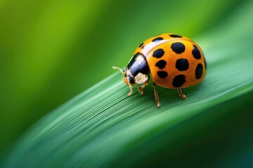 Fototapeta premium Close-up view of a ladybug on a vibrant leaf.