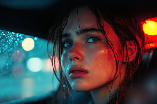 Woman gazes out window, rain streaks down glass.