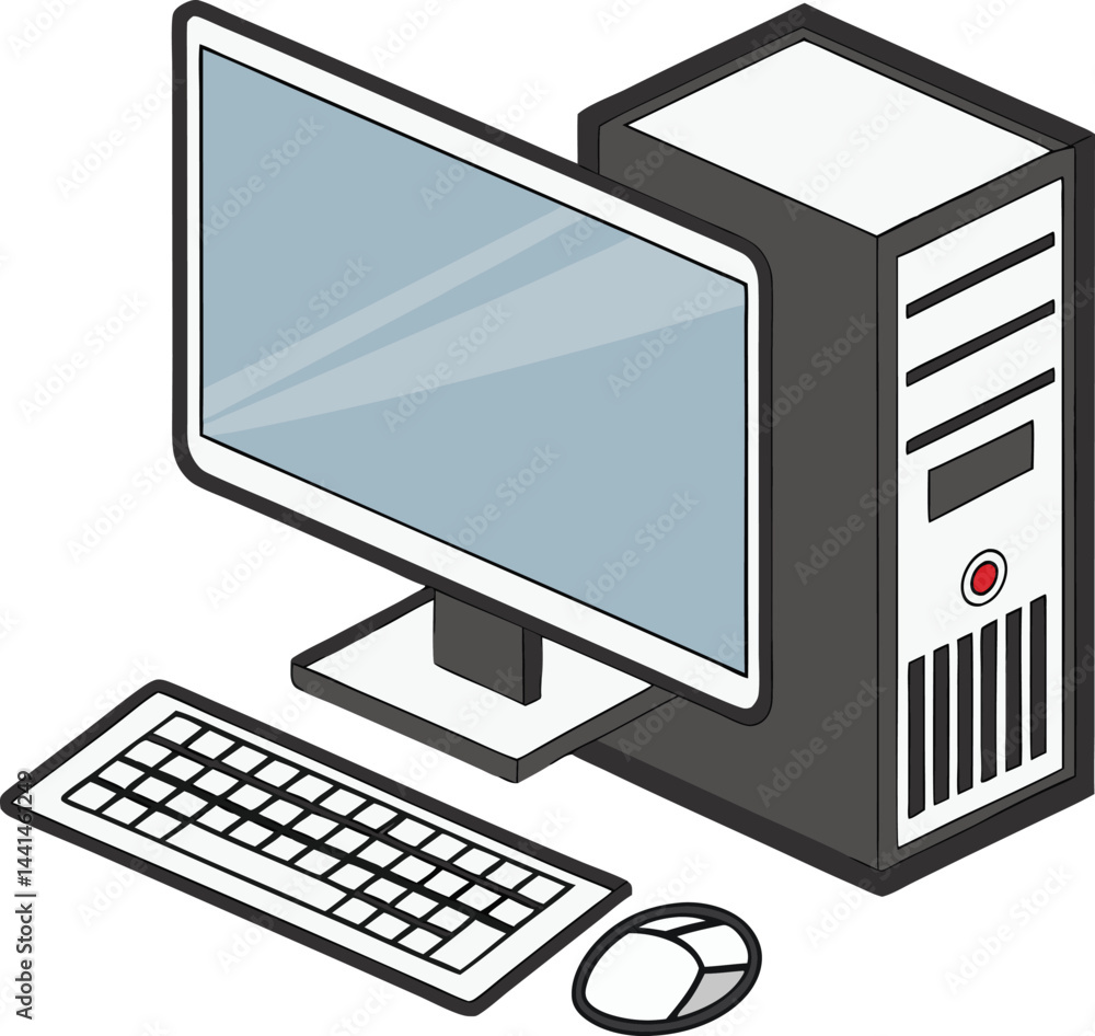 Poster digital isometric computer setup illustration. modern pc with monitor and keyboard. clean tech works