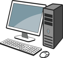 Modern desktop computer setup illustration. Cartoonish PC workstation digital art. Minimalist computer monitor and CPU design.