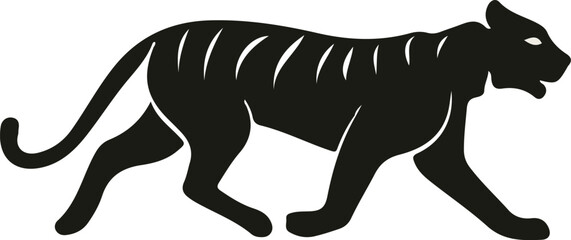 Obraz premium Minimalist black tiger silhouette walking. Elegant tiger outline on white background. Stylized tiger with negative space stripes.