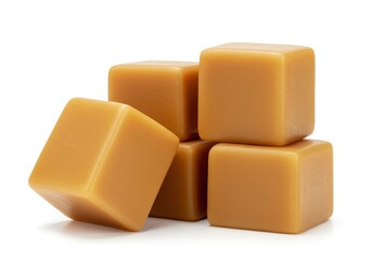 Pile of caramel candies, sweet and delicious treat on white background