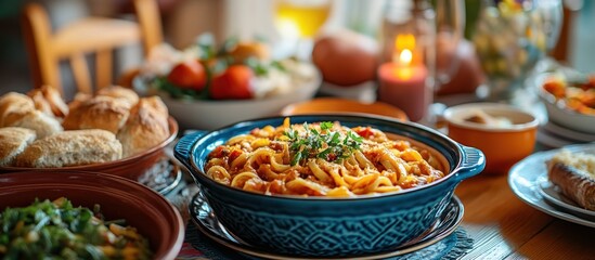 Obraz premium Pasta Dinner with Bread and Vegetables