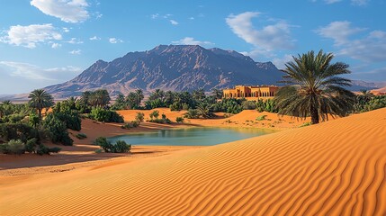 Serene Desert Oasis with Palm Trees and Distant Mountain