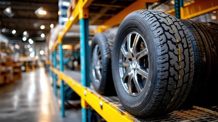  Black Automotive Tires on Colorful Shelves