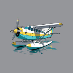 Colorful Cartoon Illustration of a Seaplane on Calm Water with light gray background