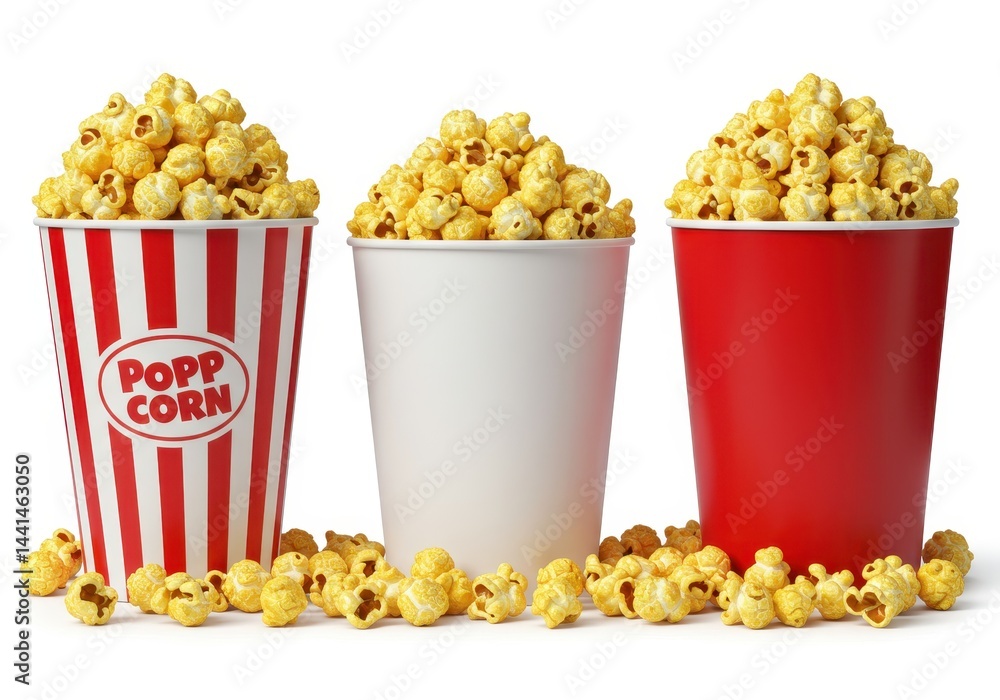 Poster three containers of popcorn with spilled kernels on a white background