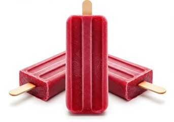 Three red ice pops with wooden sticks on a white surface, close up