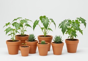 Obraz premium Various potted plants including alocasia and cactus on white background