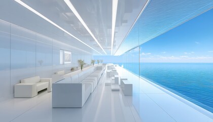 Modern interior with ocean view and sleek design.