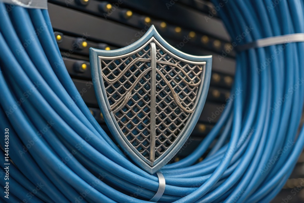 Poster a metal shield emblem is placed on a coil of blue network cables in front of a server rack, symboliz