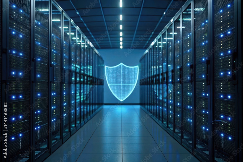 Poster modern data center with blue lighting, featuring server racks and a digital shield symbolizing cyber
