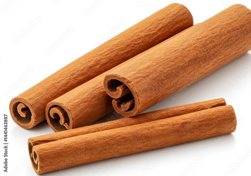 Poster cinnamon sticks on white background showing texture and rolled shape